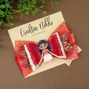 Handmade Moana Polynesian Princess Glitter Hair Bow